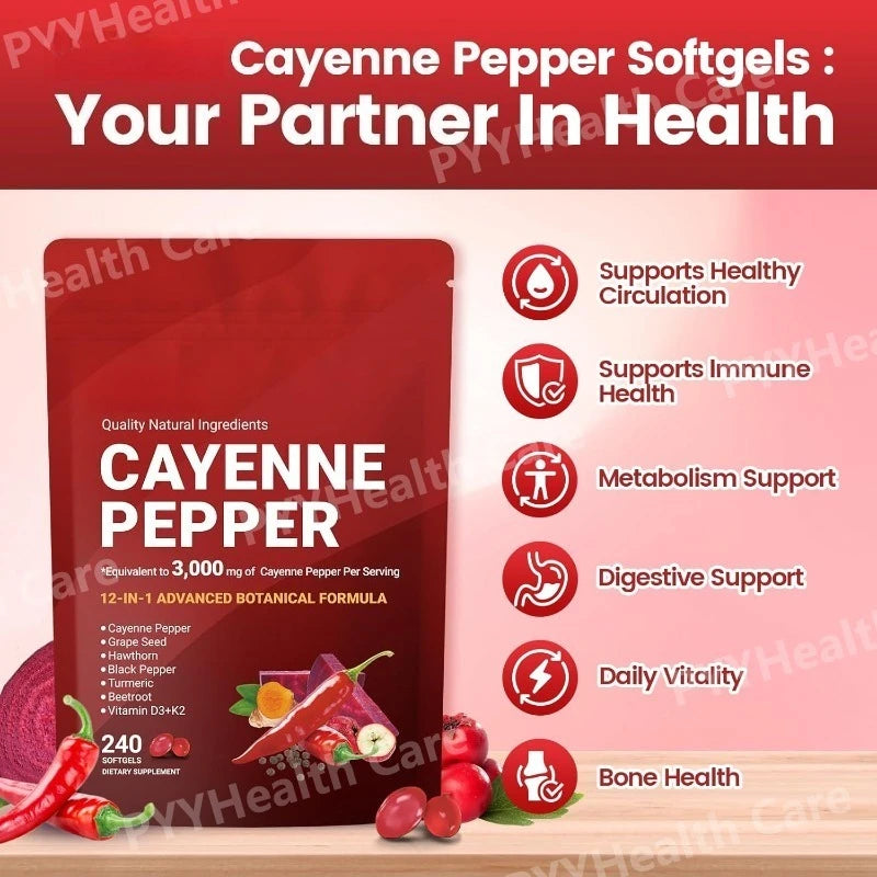 Cayenne Pepper Softgels with Grape Seed Beetroot Turmeric Vitamins D3 K2 E Herbal Supplement